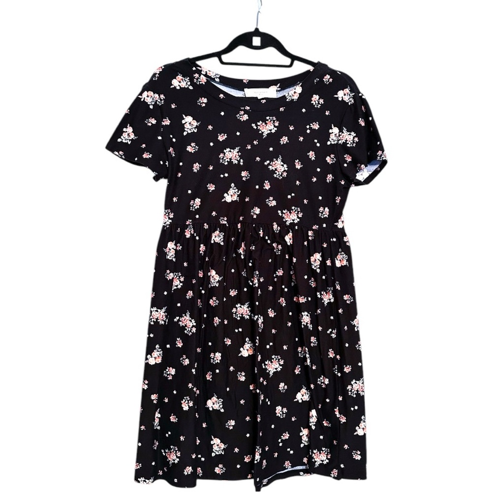 No Comment Black Floral Babydoll Cottagecore Mini Skater Dress Medium